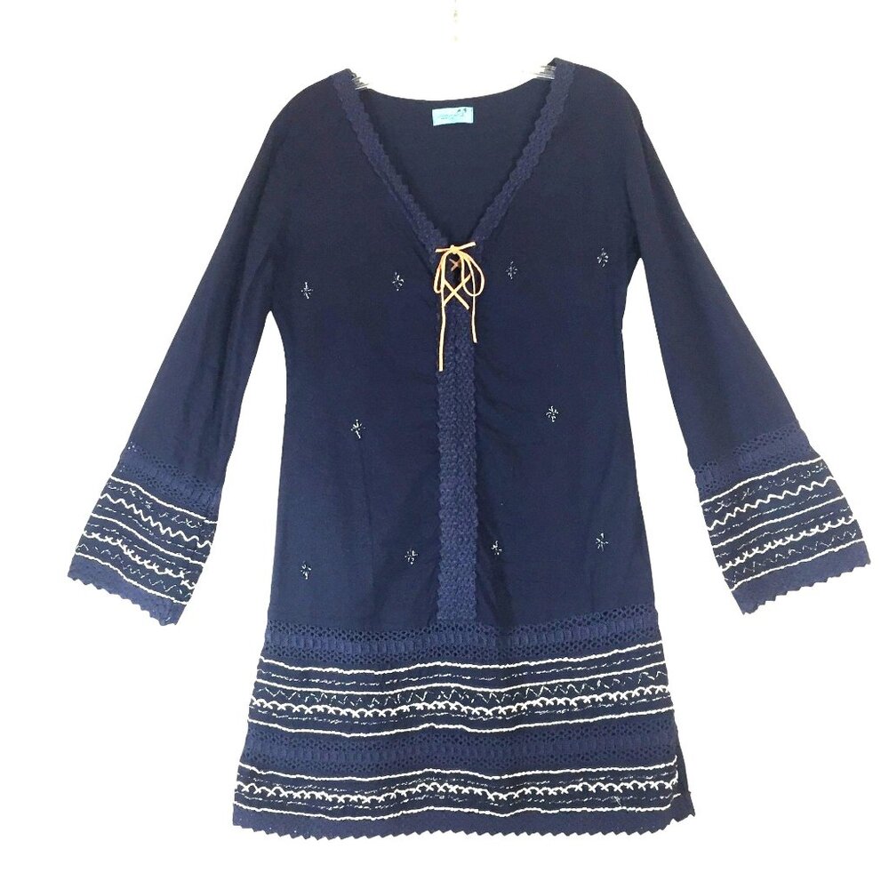 Letarte Short Navy Blue Cotton Mini Dress Size M-L Long Sleeve BoHo